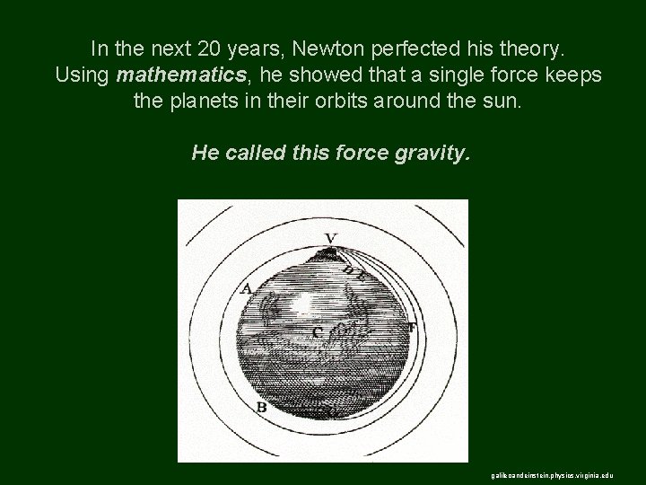 In the next 20 years, Newton perfected his theory. Using mathematics, he showed that