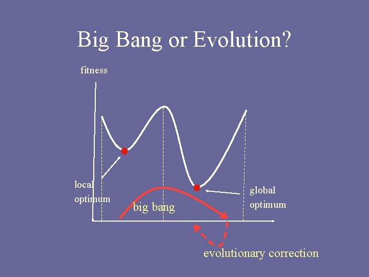 Big Bang or Evolution? fitness local optimum big bang global optimum evolutionary correction 