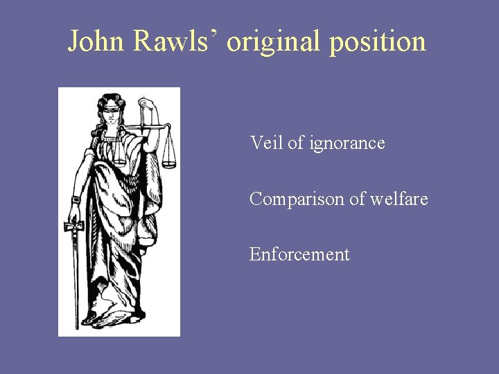 John Rawls’ original position Veil of ignorance Comparison of welfare Enforcement 