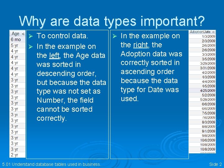 Why are data types important? To control data. Ø In the example on the