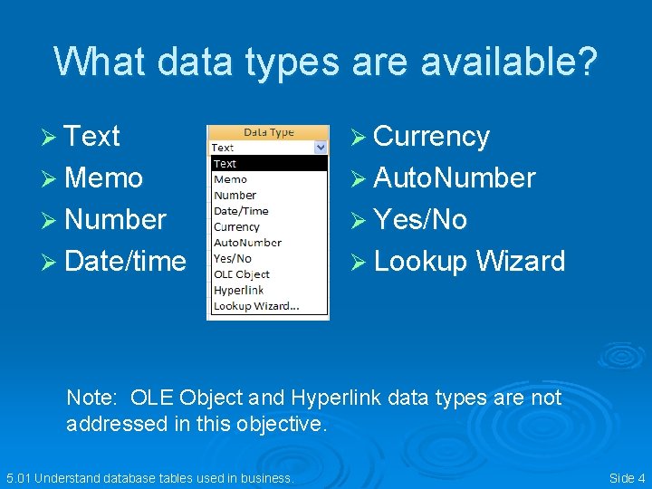What data types are available? Ø Text Ø Currency Ø Memo Ø Auto. Number
