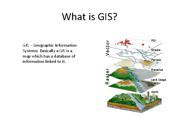 What is GIS? GIS - Geographic Information Systems. Basically a GIS is a map What is GIS? GIS - Geographic Information Systems. Basically a GIS is a map