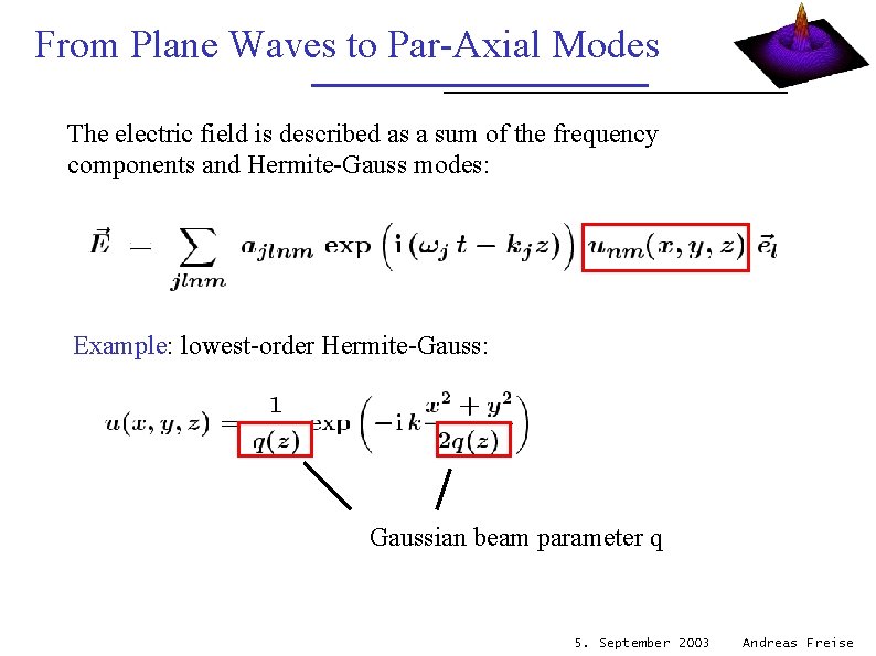 From Plane Waves to Par-Axial Modes The electric field is described as a sum