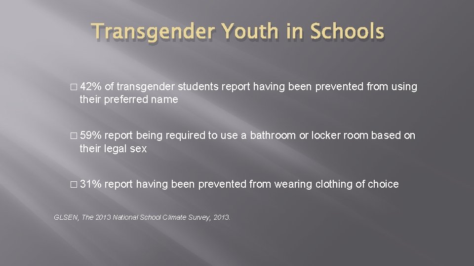 Transgender Youth in Schools � 42% of transgender students report having been prevented from Transgender Youth in Schools � 42% of transgender students report having been prevented from