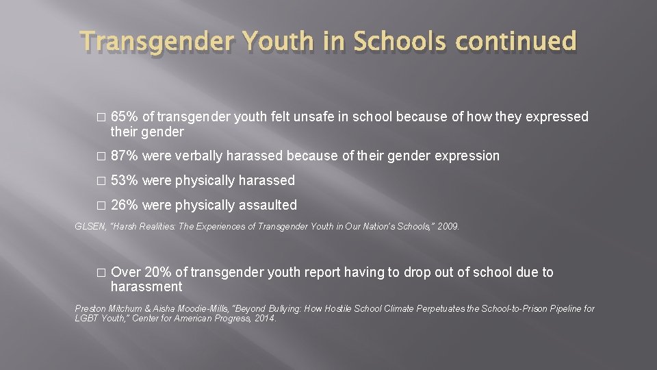Transgender Youth in Schools continued � 65% of transgender youth felt unsafe in school Transgender Youth in Schools continued � 65% of transgender youth felt unsafe in school