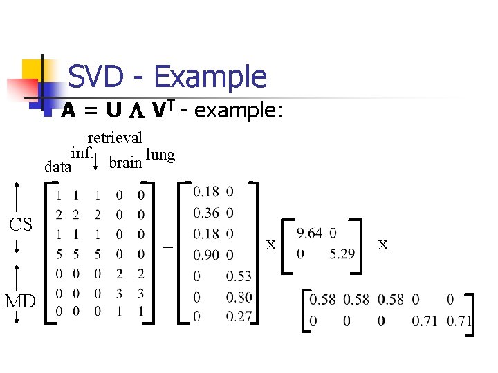 SVD - Example n A = U L VT - example: retrieval inf. lung