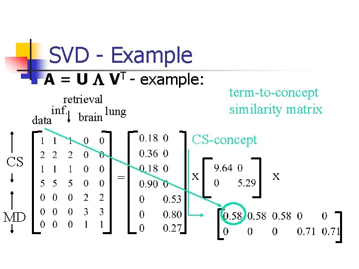 SVD - Example n A = U L VT - example: retrieval inf. lung