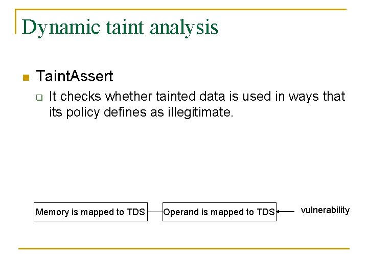 Dynamic taint analysis n Taint. Assert q It checks whether tainted data is used