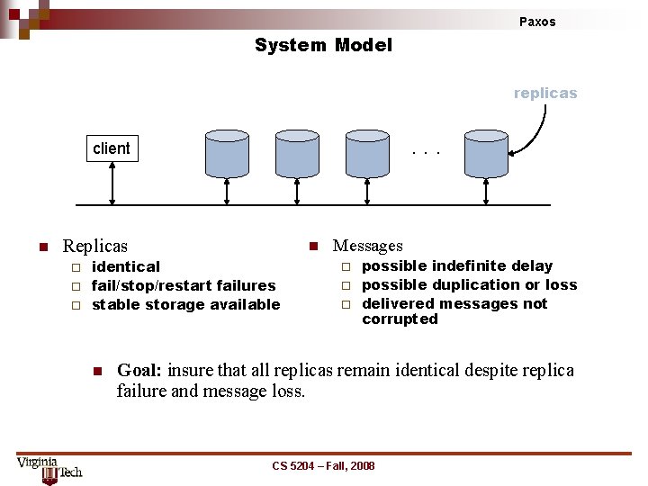 Paxos System Model replicas . . . client n Replicas n identical ¨ fail/stop/restart