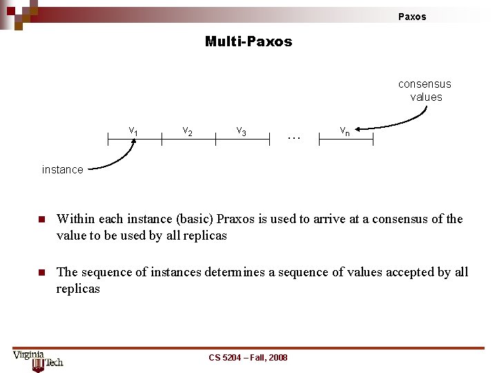 Paxos Multi-Paxos consensus values v 1 v 2 v 3 … vn instance n