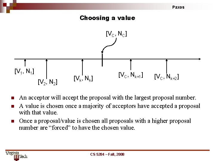 Paxos Choosing a value [VC, NC] [V 1, N 1] [V 2, N 2]