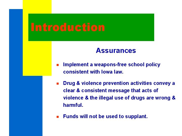 Introduction Assurances n Implement a weapons-free school policy consistent with Iowa law. n Drug Introduction Assurances n Implement a weapons-free school policy consistent with Iowa law. n Drug