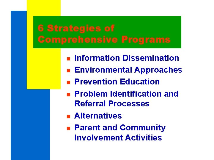 6 Strategies of Comprehensive Programs n n n Information Dissemination Environmental Approaches Prevention Education 6 Strategies of Comprehensive Programs n n n Information Dissemination Environmental Approaches Prevention Education