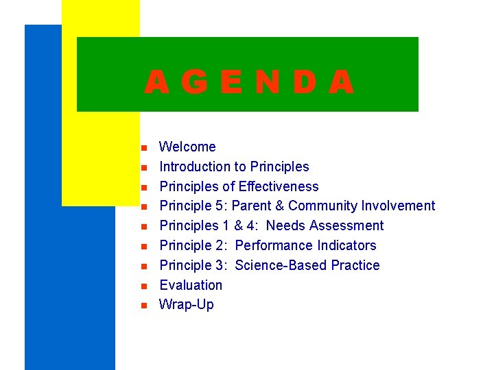 AGENDA n n n n n Welcome Introduction to Principles of Effectiveness Principle 5: AGENDA n n n n n Welcome Introduction to Principles of Effectiveness Principle 5: