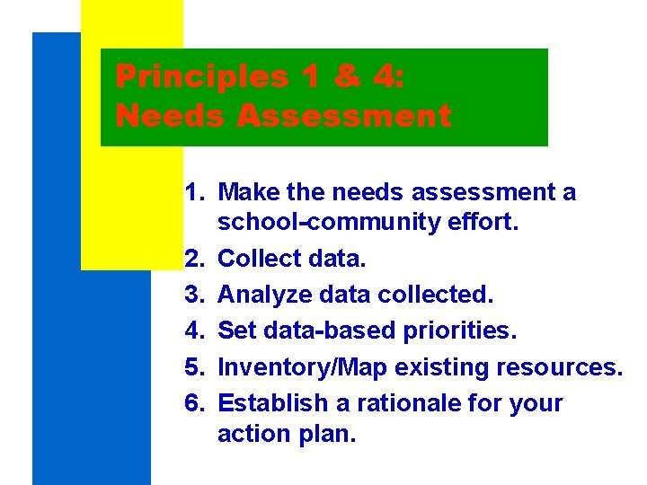 Principles 1 & 4: Needs Assessment 1. Make the needs assessment a school-community effort. Principles 1 & 4: Needs Assessment 1. Make the needs assessment a school-community effort.