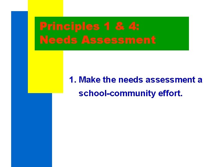 Principles 1 & 4: Needs Assessment 1. Make the needs assessment a school-community effort. Principles 1 & 4: Needs Assessment 1. Make the needs assessment a school-community effort.