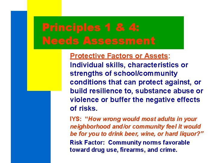 Principles 1 & 4: Needs Assessment Protective Factors or Assets: Individual skills, characteristics or Principles 1 & 4: Needs Assessment Protective Factors or Assets: Individual skills, characteristics or