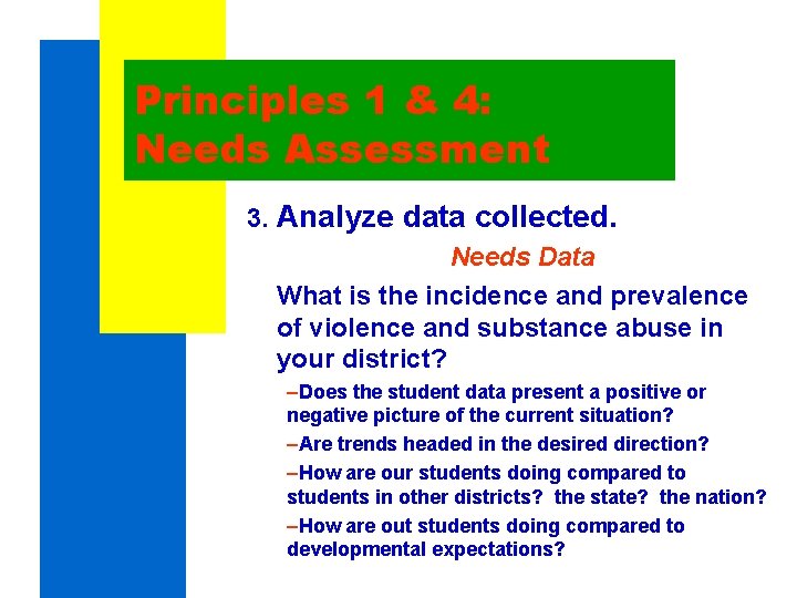 Principles 1 & 4: Needs Assessment 3. Analyze data collected. Needs Data What is Principles 1 & 4: Needs Assessment 3. Analyze data collected. Needs Data What is
