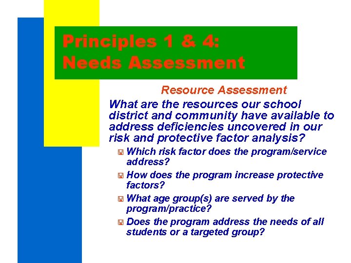 Principles 1 & 4: Needs Assessment Resource Assessment What are the resources our school Principles 1 & 4: Needs Assessment Resource Assessment What are the resources our school
