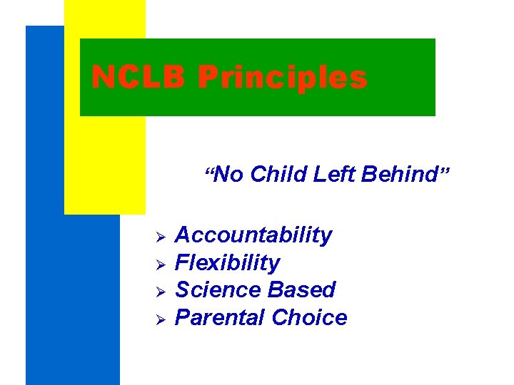 NCLB Principles “No Child Left Behind” Ø Ø Accountability Flexibility Science Based Parental Choice NCLB Principles “No Child Left Behind” Ø Ø Accountability Flexibility Science Based Parental Choice