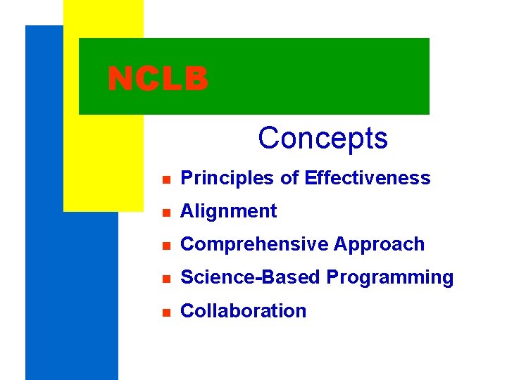 NCLB Concepts n Principles of Effectiveness n Alignment n Comprehensive Approach n Science-Based Programming NCLB Concepts n Principles of Effectiveness n Alignment n Comprehensive Approach n Science-Based Programming