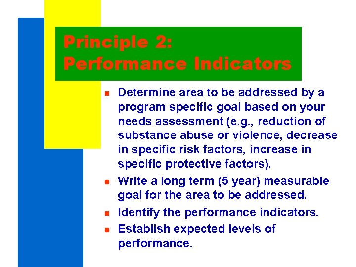 Principle 2: Performance Indicators n n Determine area to be addressed by a program Principle 2: Performance Indicators n n Determine area to be addressed by a program