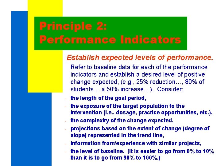 Principle 2: Performance Indicators Establish expected levels of performance. Refer to baseline data for Principle 2: Performance Indicators Establish expected levels of performance. Refer to baseline data for