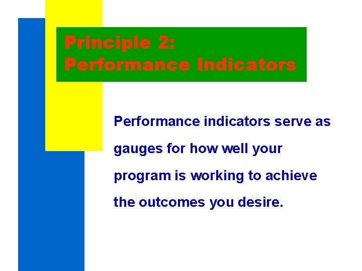 Principle 2: Performance Indicators Performance indicators serve as gauges for how well your program Principle 2: Performance Indicators Performance indicators serve as gauges for how well your program