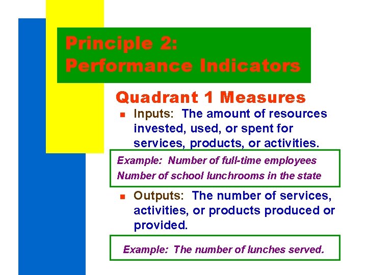 Principle 2: Performance Indicators Quadrant 1 Measures n Inputs: The amount of resources invested, Principle 2: Performance Indicators Quadrant 1 Measures n Inputs: The amount of resources invested,