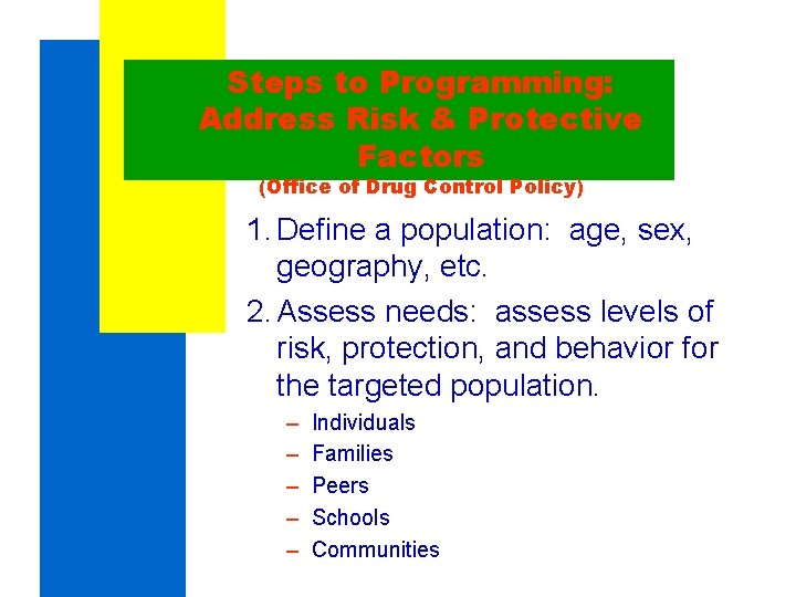Steps to Programming: Address Risk & Protective Factors (Office of Drug Control Policy) 1. Steps to Programming: Address Risk & Protective Factors (Office of Drug Control Policy) 1.