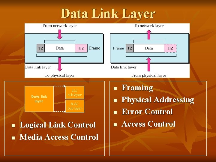 Data Link Layer Data link layer n n LLC sublayer MAC Sublayer Logical Link