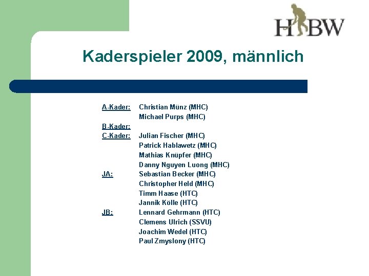 Kaderspieler 2009, männlich A-Kader: B-Kader: C-Kader: JA: JB: Christian Münz (MHC) Michael Purps (MHC)