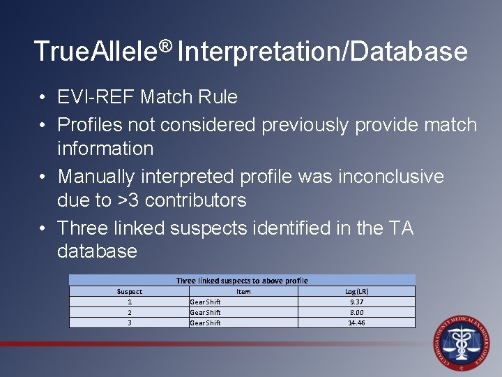 True. Allele® Interpretation/Database • EVI-REF Match Rule • Profiles not considered previously provide match