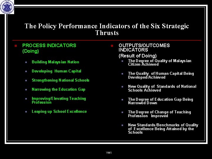 The Policy Performance Indicators of the Six Strategic Thrusts n PROCESS INDICATORS (Doing) n