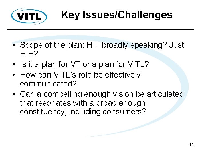 Key Issues/Challenges • Scope of the plan: HIT broadly speaking? Just HIE? • Is