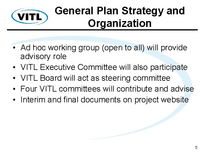 General Plan Strategy and Organization • Ad hoc working group (open to all) will