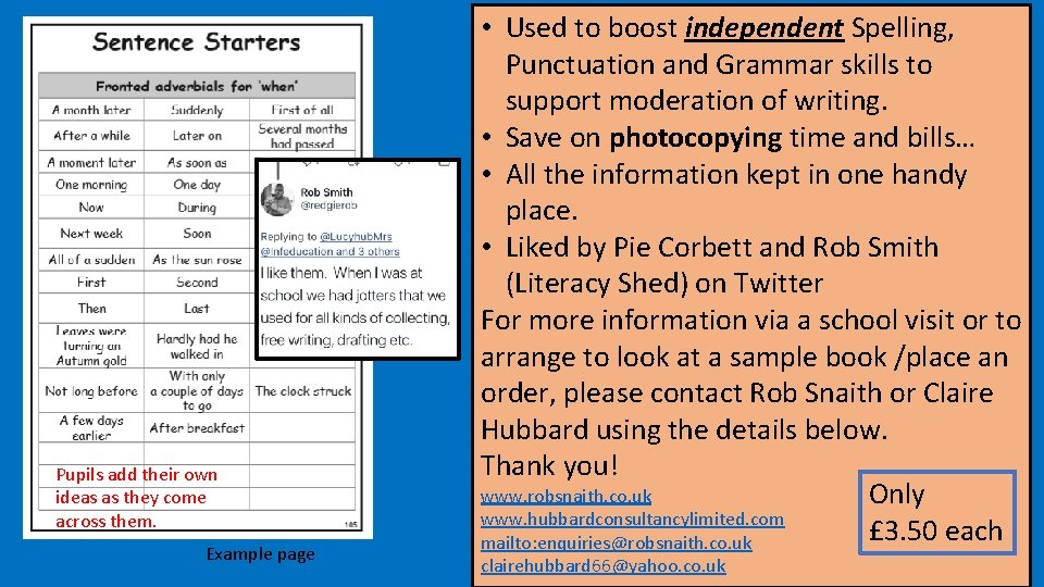 Pupils add their own ideas as they come across them. Example page • Used