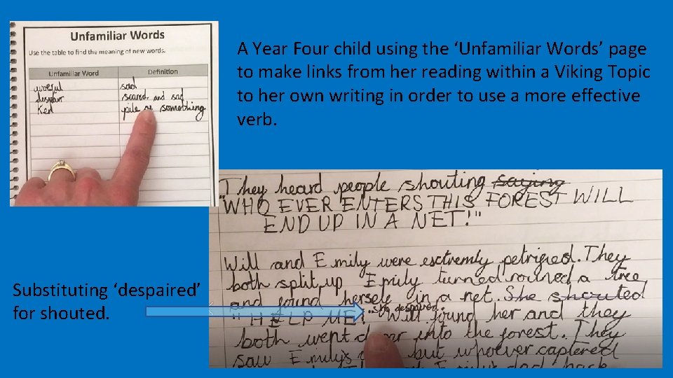 A Year Four child using the ‘Unfamiliar Words’ page to make links from her