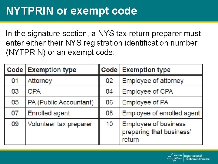 NYTPRIN or exempt code In the signature section, a NYS tax return preparer must