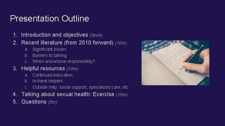 Presentation Outline 1. Introduction and objectives (5 min) 2. Recent literature (from 2010 forward) Presentation Outline 1. Introduction and objectives (5 min) 2. Recent literature (from 2010 forward)