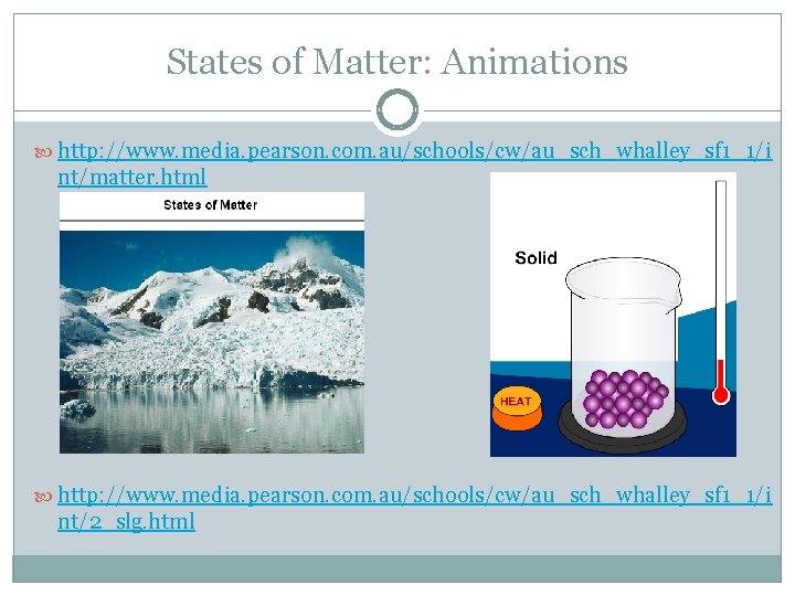 States of Matter: Animations http: //www. media. pearson. com. au/schools/cw/au_sch_whalley_sf 1_1/i nt/matter. html http:
