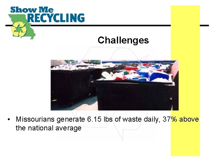 Challenges • Missourians generate 6. 15 lbs of waste daily, 37% above the national