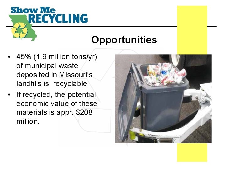 Opportunities • 45% (1. 9 million tons/yr) of municipal waste deposited in Missouri’s landfills