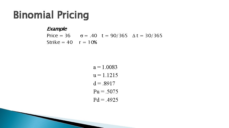 Binomial Pricing Example Price = 36 Strike = 40 s =. 40 t =