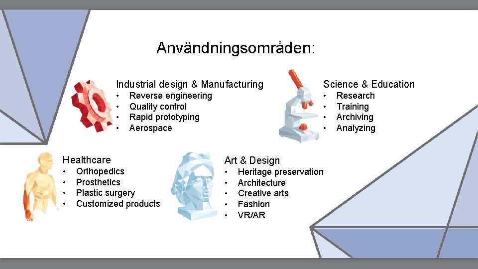 Användningsområden: Industrial design & Manufacturing Science & Education • • Reverse engineering Quality control