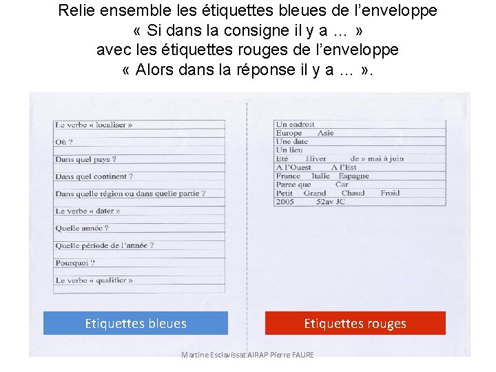 Relie ensemble les étiquettes bleues de l’enveloppe « Si dans la consigne il y