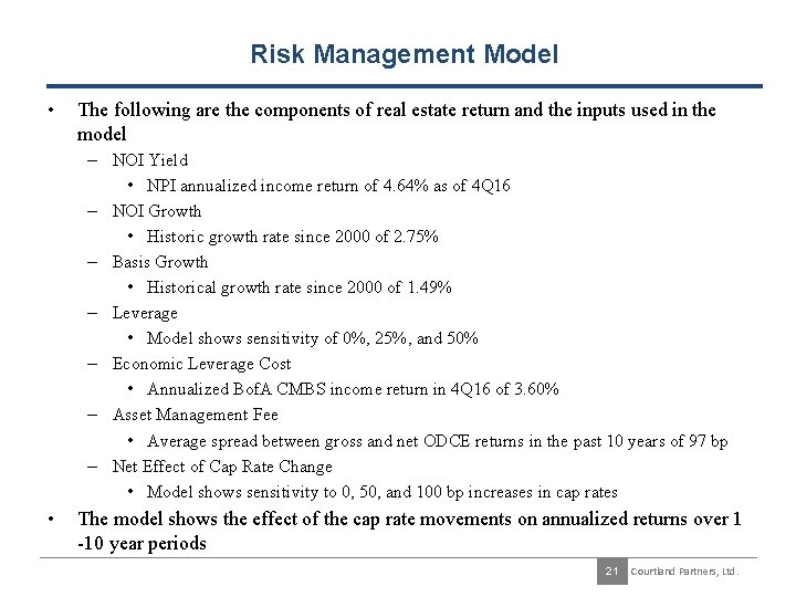 Risk Management Model • The following are the components of real estate return and