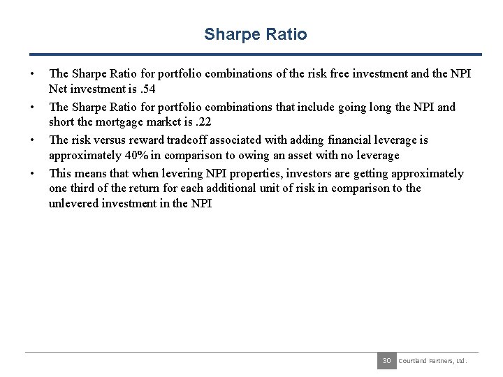 Sharpe Ratio • • The Sharpe Ratio for portfolio combinations of the risk free