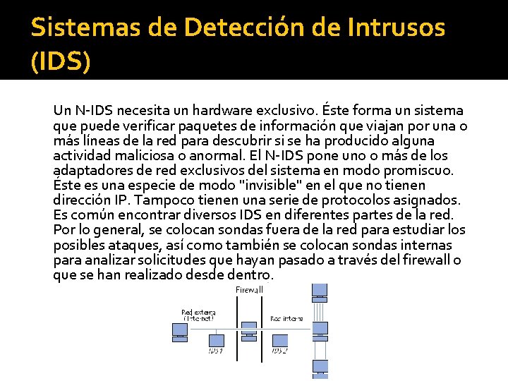 Sistemas de Detección de Intrusos (IDS) Un N-IDS necesita un hardware exclusivo. Éste forma