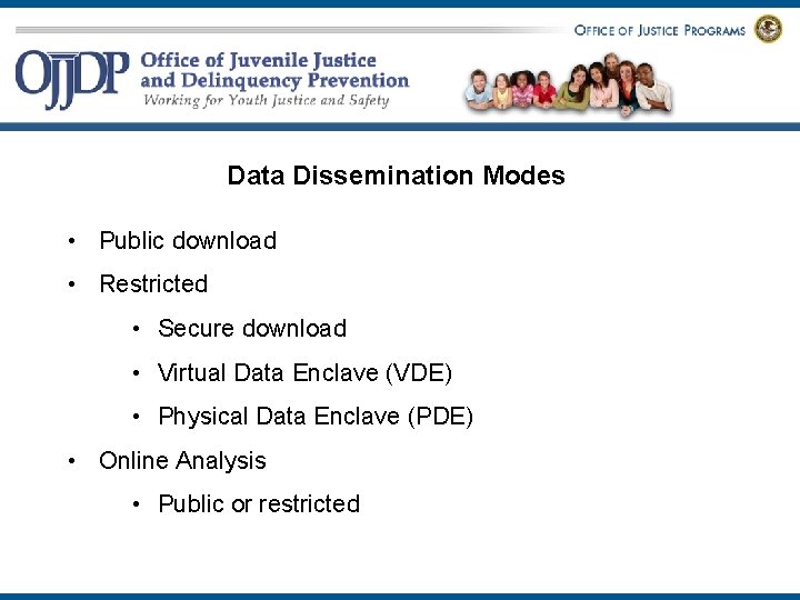 Data Dissemination Modes • Public download • Restricted • Secure download • Virtual Data